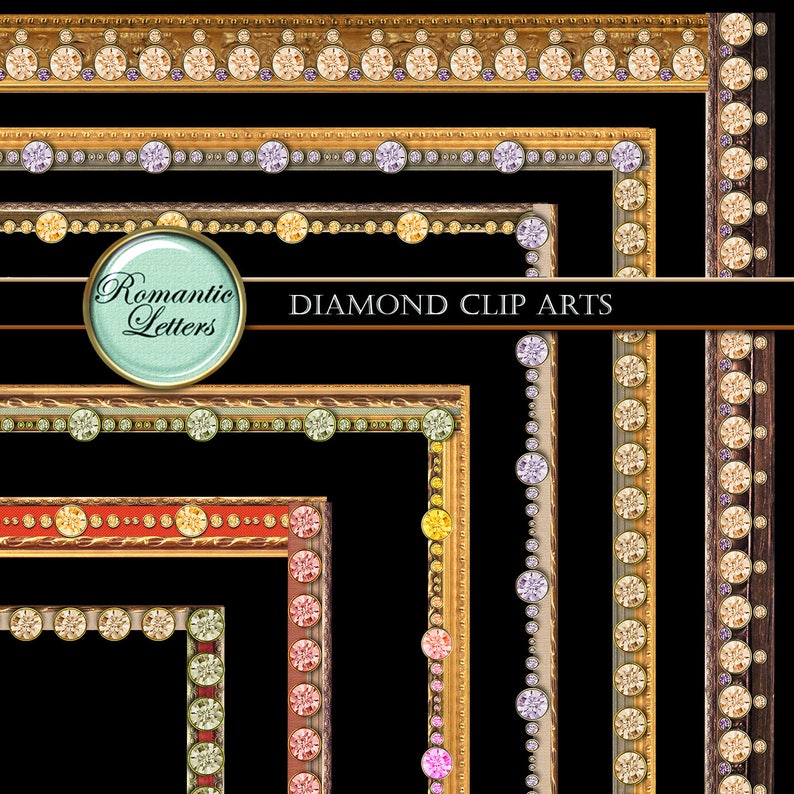 May include: A set of six digital clip art images featuring ornate gold frames with diamond-like embellishments. The frames are arranged in a cascading pattern, with the largest frame at the top and the smallest frame at the bottom. The frames are decorated with a variety of colored gems, including purple, pink, yellow, and orange. The text "DIAMOND CLIP ARTS" is displayed in the center of the image.