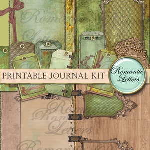 May include: Printable journal kit with a vintage aesthetic. The design features a palette of greens, browns, and gold accents. Includes decorative frames, tags, and the text "Printable Journal Kit" and "Romantic Letters".