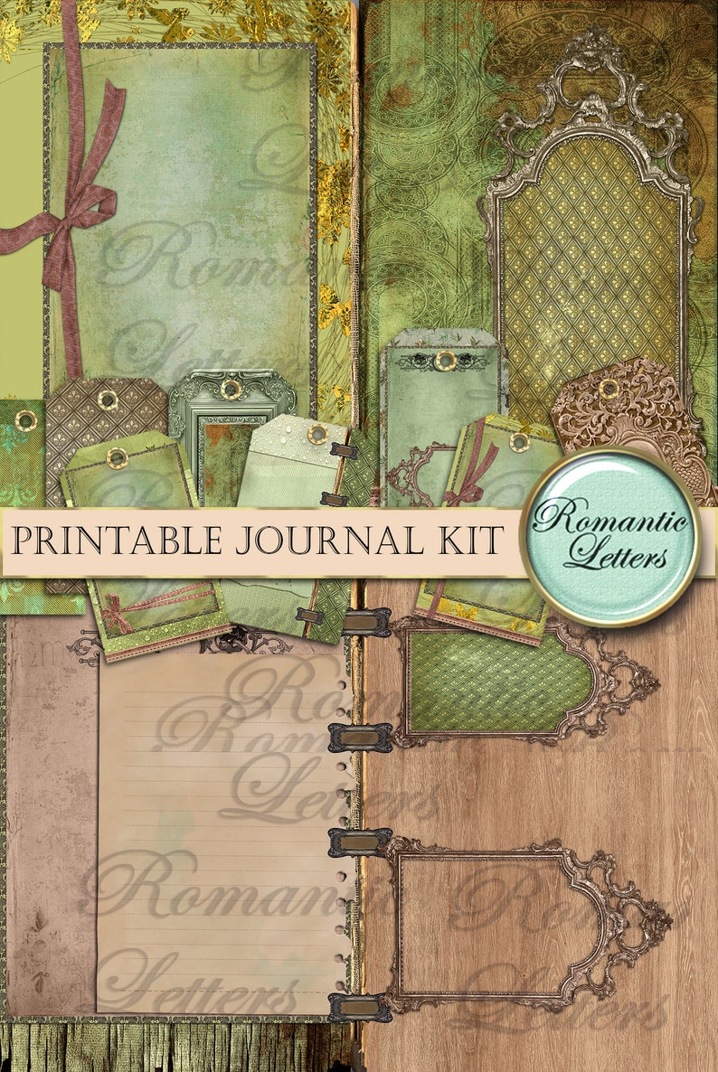 May include: Printable journal kit with a vintage aesthetic. The design features a palette of greens, browns, and gold accents. Includes decorative frames, tags, and the text "Printable Journal Kit" and "Romantic Letters".