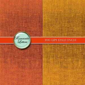 K&ouml;nnte beinhalten: Zwei digitale Papiertexturen, eine orange und eine gelbe, mit einem gewebten Stoffmuster. Das Bild enth&auml;lt den Text "Romantic Letters" und "300 DPI 12X12 INCH".