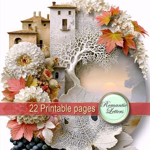 May include: A decorative circular graphic featuring Italian-style buildings, white tree branches, autumn leaves, and white flowers. A red banner across the center displays the text 22 Printable pages and a circular emblem with Romantic Letters.