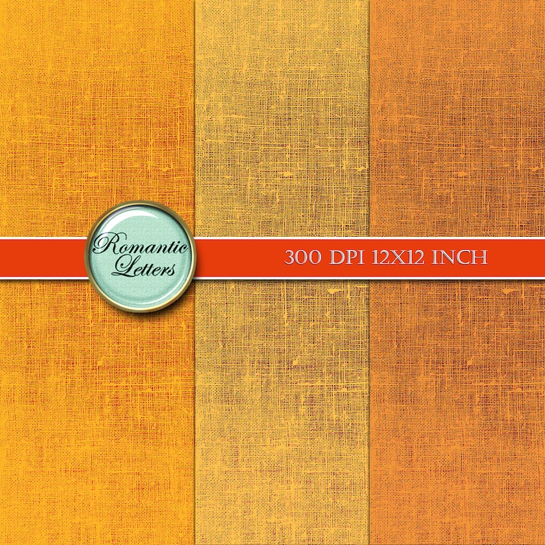 K&ouml;nnte beinhalten: Drei digitale Papiertexturen in Orange- und Gelbt&ouml;nen. Die Texturen &auml;hneln gewebtem Stoff mit einem subtilen, abgenutzten Look. Der Text "Romantic Letters" und "300 DPI 12X12 INCH" ist auf dem Bild sichtbar.