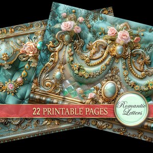 Puede incluir: Obra de arte digital que presenta paneles turquesa ornamentados con filigranas doradas, rosas rosas y detalles de joyas. El texto dice "22 PRINTABLE PAGES" y "Romantic Letters". El dise&ntilde;o evoca una est&eacute;tica vintage y rom&aacute;ntica.