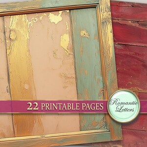 May include: A framed wood background with a distressed, weathered, and aged look. The wood is painted in shades of gold, pink, and green. The frame is gold and has a distressed look. The text "22 Printable Pages" is printed on a pink ribbon across the bottom of the image. The text "Romantic Letters" is printed in a circle on the right side of the image.