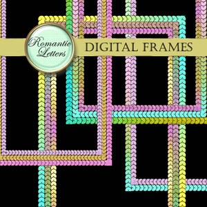 May include: Four digital frames with a glittery, iridescent finish. The frames are made of a variety of colors, including pink, blue, green, and yellow. The frames are arranged in a layered pattern, with the largest frame in the back and the smallest frame in the front. The text "Romantic Letters" and "DIGITAL FRAMES" is visible in the image.