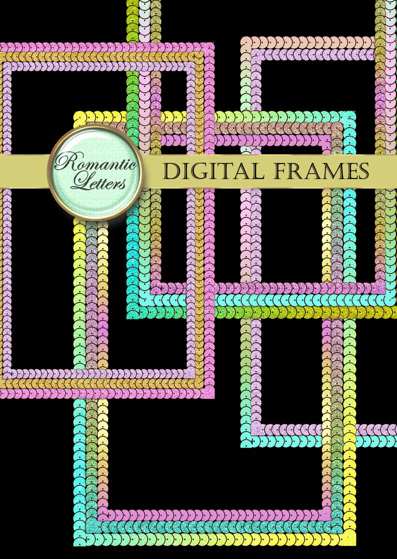 May include: Four digital frames with a glittery, iridescent finish. The frames are made of a variety of colors, including pink, blue, green, and yellow. The frames are arranged in a layered pattern, with the largest frame in the back and the smallest frame in the front. The text "Romantic Letters" and "DIGITAL FRAMES" is visible in the image.