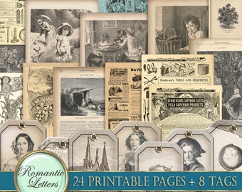 Ephemera digital paper pack printable journal pages Victorian paper decoupage digital craft paper magazine A4 8.5x11 inch old newspaper