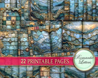 Patchwork digital printable scrapbook paper pack junk journal pages patchwork fabric printable craft paper collage paper blue silk texture