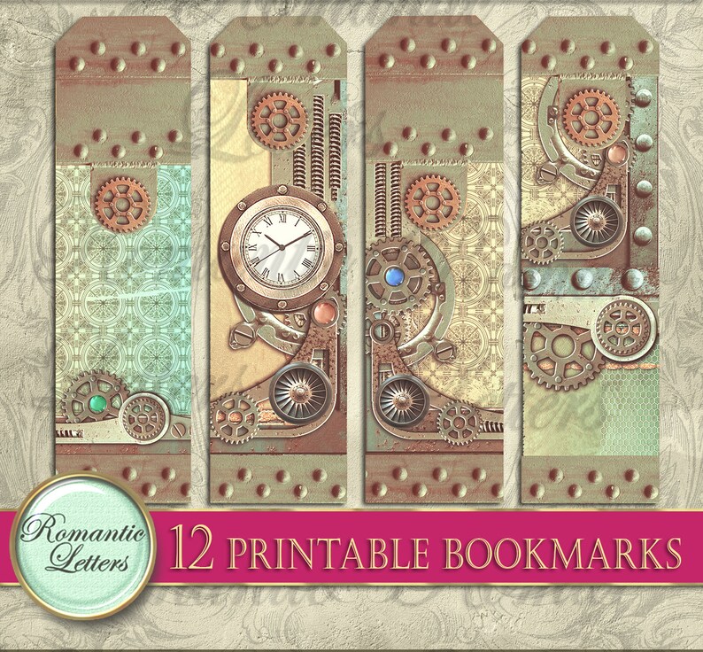 May include: Twelve printable bookmarks featuring a steampunk design with gears, clock faces, and metallic accents. The bookmarks are in shades of brown, green, and blue.