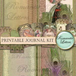 Pode incluir: Kit de di&aacute;rio imprim&iacute;vel com uma est&eacute;tica vintage. O kit inclui v&aacute;rios pap&eacute;is com penas de pav&atilde;o, desenhos florais e uma mulher com um guarda-chuva. O texto "Cartas rom&acirc;nticas" aparece no kit.