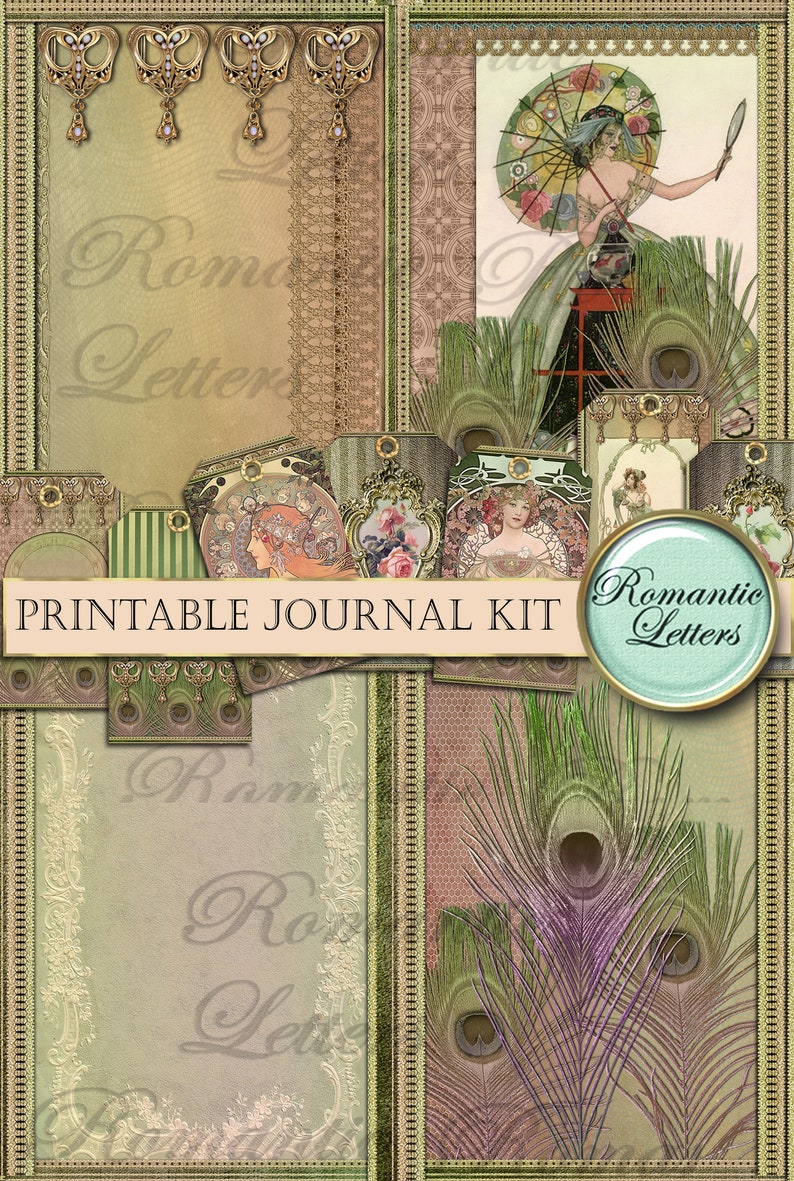 Pode incluir: Kit de di&aacute;rio imprim&iacute;vel com uma est&eacute;tica vintage. O kit inclui v&aacute;rios pap&eacute;is com penas de pav&atilde;o, desenhos florais e uma mulher com um guarda-chuva. O texto "Cartas rom&acirc;nticas" aparece no kit.