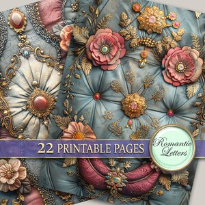 May include: A digital paper pack with 22 printable pages featuring a vintage, ornate design with gold accents, floral patterns, and jewel-toned embellishments. The text "Romantic Letters" is visible in the image.