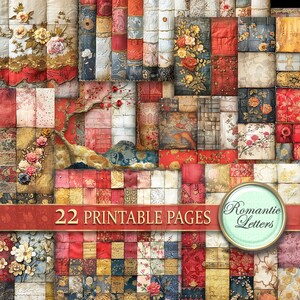 May include: A digital collage of 22 printable pages featuring a patchwork of vintage floral patterns in shades of red, blue, gold, and white. The text "22 Printable Pages" and "Romantic Letters" is visible on the image.