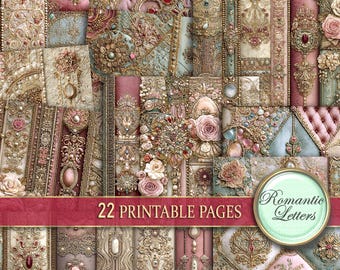 Könnte beinhalten: Eine Collage von 22 bedruckbaren Seiten mit romantischem Thema. Die Seiten zeigen verzierte Designs in Rosa-, Gold- und Türkistönen mit floralen und Schmuckakzenten. Der Text "Romantic Letters" wird in einem kreisförmigen Rahmen angezeigt.