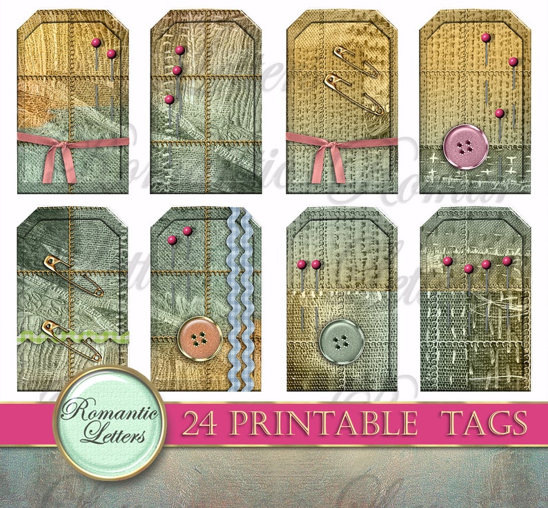 May include: Set of 24 printable tags featuring a patchwork design with buttons, safety pins, and sewing pins. The tags are in shades of green, brown, and beige with a pink ribbon on some of the tags. The text "24 Printable Tags" is printed in white on a pink banner.
