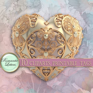 May include: A white heart-shaped ornament with gold filigree details and pearl accents. The ornament is surrounded by a floral pattern.