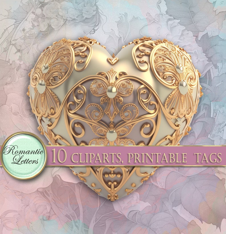 May include: A white heart-shaped ornament with gold filigree details and pearl accents. The ornament is surrounded by a floral pattern.
