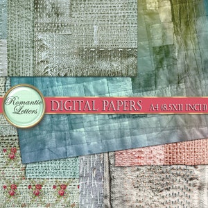 May include: A set of 10 digital papers featuring various textures of fabric, including burlap, linen, and canvas. The papers are in shades of blue, green, and brown, and have a distressed, vintage look. The papers are A4 size (8.5 x 11 inches).