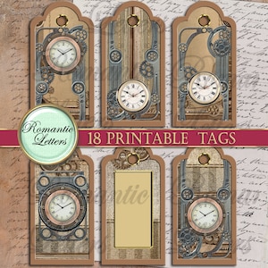 May include: Set of 18 printable tags featuring a steampunk design with gears, clocks, and a brown and beige color scheme. The text "Romantic Letters 18 Printable Tags" is at the top of the image.