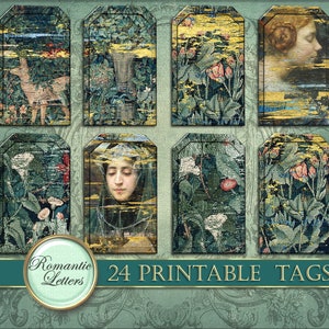 May include: Set of 24 printable tags featuring vintage-inspired designs. The tags feature a variety of floral patterns, a portrait of a woman, and a deer in a forest scene. The tags are perfect for adding a touch of vintage charm to your crafts and gifts.