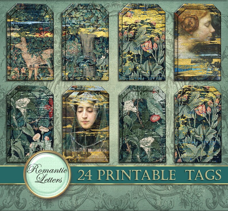 May include: Set of 24 printable tags featuring vintage-inspired designs. The tags feature a variety of floral patterns, a portrait of a woman, and a deer in a forest scene. The tags are perfect for adding a touch of vintage charm to your crafts and gifts.