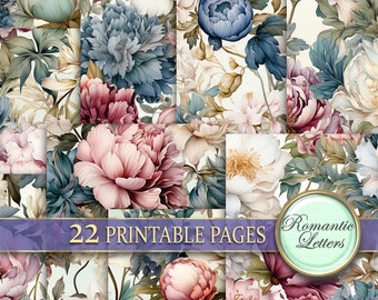 May include: A digital collage sheet with 22 printable pages featuring a floral pattern with pink, blue, and white flowers. The text "Romantic Letters" is at the bottom of the image.