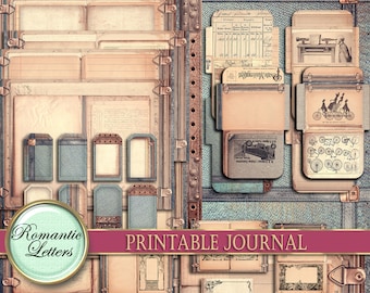 May include: Printable journal pages with a vintage aesthetic. The pages feature various shapes and sizes of frames, tags, and envelopes, all with a distressed, aged look. The text "Romantic Letters" and "Printable Journal" are included in the design.