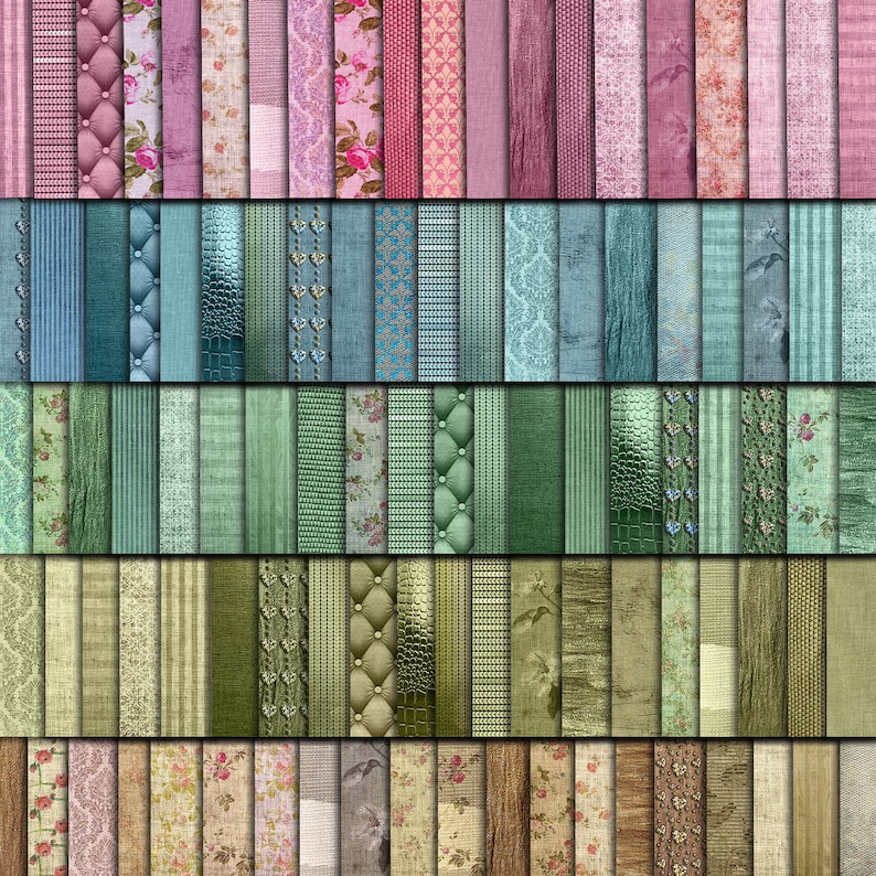 May include: A digital paper pack with a variety of patterns in shades of pink, blue, and green. The patterns include floral, geometric, and textured designs.