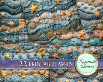 Digital printable scrapbook paper pack newborn kids album journal paper Patchwork fabric texture stitched printable craft paper night stars