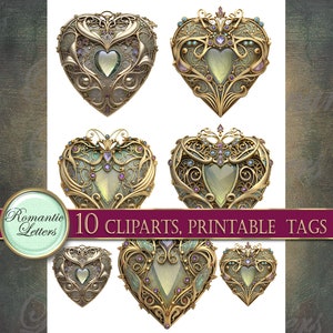 May include: Ten gold heart-shaped clip art images with intricate designs and green and purple gemstones.  The text "10 CLIPARTS, PRINTABLE TAGS" is at the bottom of the image.