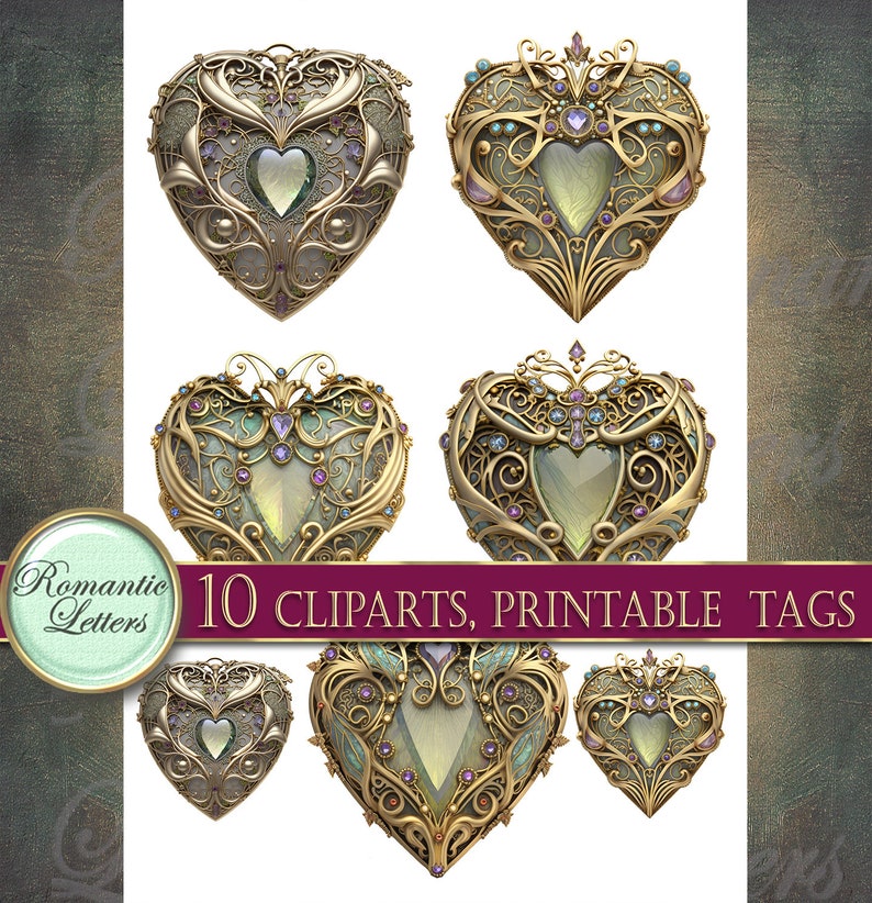 May include: Ten gold heart-shaped clip art images with intricate designs and green and purple gemstones.  The text "10 CLIPARTS, PRINTABLE TAGS" is at the bottom of the image.