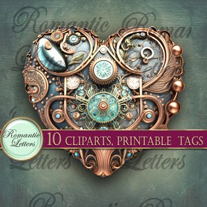 May include: A heart-shaped steampunk design with intricate gears, cogs, and metal details. The heart is made of copper and bronze with turquoise accents. The design is surrounded by a green background.