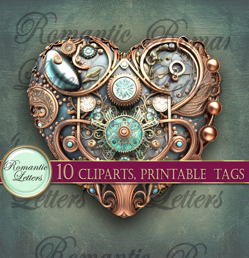 May include: A heart-shaped steampunk design with intricate gears, cogs, and metal details. The heart is made of copper and bronze with turquoise accents. The design is surrounded by a green background.