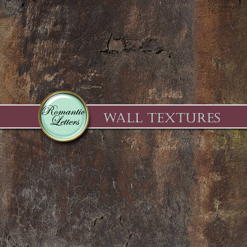 May include: A close-up of a textured brown wall with a circular logo that says "Romantic Letters" and the text "WALL TEXTURES" in a burgundy banner.