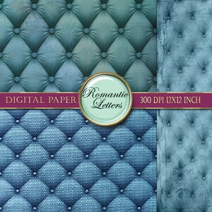 May include: Two digital paper patterns featuring a blue tufted upholstery design. The patterns are 12x12 inches and 300 DPI. The text "Romantic Letters" is in a circle on the left side of the image.