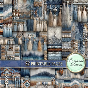 May include: A collage of textured textile designs in shades of blue, beige, and brown. The image features various patterns, including tassels and woven textures. Text reads "22 PRINTABLE PAGES" and "Romantic Letters".