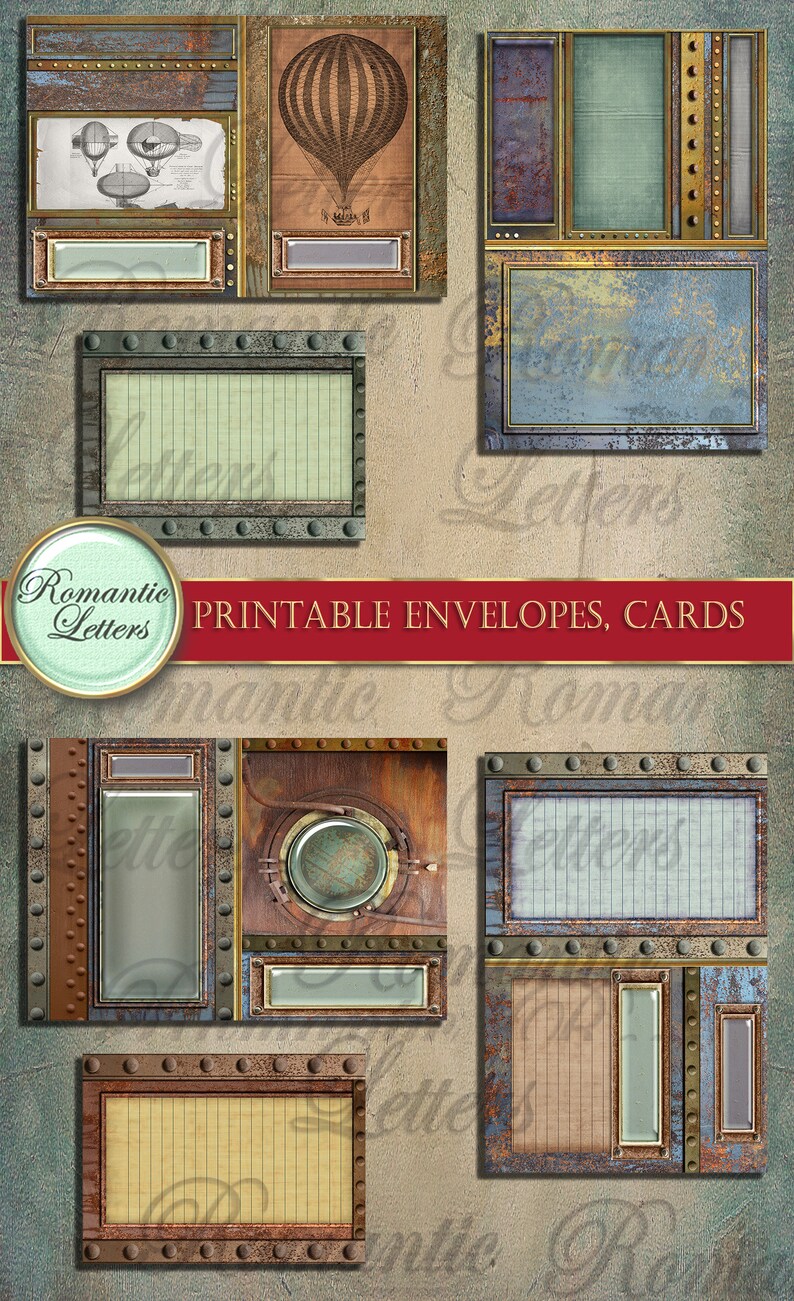 Op de afbeelding: Printbare enveloppen en kaarten met een steampunk-thema. Het ontwerp bevat roestig metaal, klinknagels en tandwielen. De kaarten hebben een rasterpatroon en zijn klaar om te schrijven.