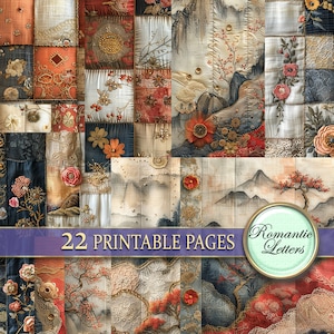 Pode incluir: Uma colagem de 22 páginas imprimíveis com intrincados desenhos bordados com motivos florais, paisagens e padrões japoneses tradicionais em tons de vermelho, dourado e azul. O texto "22 páginas imprimíveis" e "Cartas românticas" é visível na imagem.