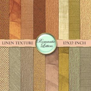 Peut inclure: Un ensemble de 12 textures de papier num&eacute;rique pr&eacute;sentant diff&eacute;rentes nuances de brun, beige et vert. Les textures ressemblent &agrave; du tissu de lin et mesurent 30,5 x 30,5 cm. Le texte "Linen Texture" et "Romantic Letters" est visible sur l'image.