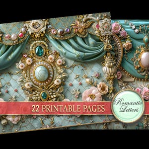 Puede incluir: Collage digital con dise&ntilde;os ornamentados de estilo vintage. La imagen muestra adornos turquesa y dorados, acentos florales y elementos decorativos. El texto "22 Printable Pages" y "Romantic Letters" es visible.