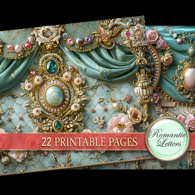 Puede incluir: Collage digital con dise&ntilde;os ornamentados de estilo vintage. La imagen muestra adornos turquesa y dorados, acentos florales y elementos decorativos. El texto "22 Printable Pages" y "Romantic Letters" es visible.