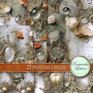 May include: A collage of vintage-style printable pages with floral and botanical elements. The design features ornate frames, antique script, and watercolor-style flowers in shades of orange, cream, and green. The text reads "22 Printable Pages" and "Romantic Letters".