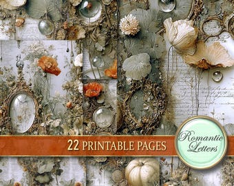 May include: A collage of vintage-style printable pages with floral and botanical elements. The design features ornate frames, antique script, and watercolor-style flowers in shades of orange, cream, and green. The text reads "22 Printable Pages" and "Romantic Letters".