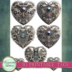 May include: Ten printable tags featuring intricate silver heart designs with ornate details, including gears, jewels, and floral patterns. The hearts have a steampunk aesthetic.
