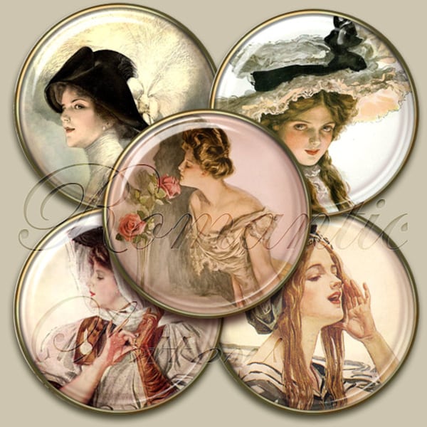 1 Inch Circle digital Printable collage sheet 1 Inch Circle pendant images 1 Inch Circle Shabby Chic Bottle Cap Woman digital collage sheet