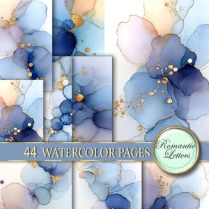 May include: A collection of 44 watercolor pages featuring abstract designs in shades of blue, gold, and peach. The designs have a flowing, organic appearance with gold accents. The text "44 WATERCOLOR PAGES" is displayed on a blue banner.