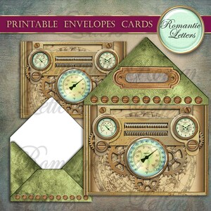 K&ouml;nnte beinhalten: Druckbare Umschl&auml;ge und Karten im Steampunk-Design. Die Karten zeigen einen Kompass, Zahnr&auml;der und Thermometer in einem gr&uuml;n-goldenen Farbschema. Der Text "Romantische Briefe" steht auf der Karte.