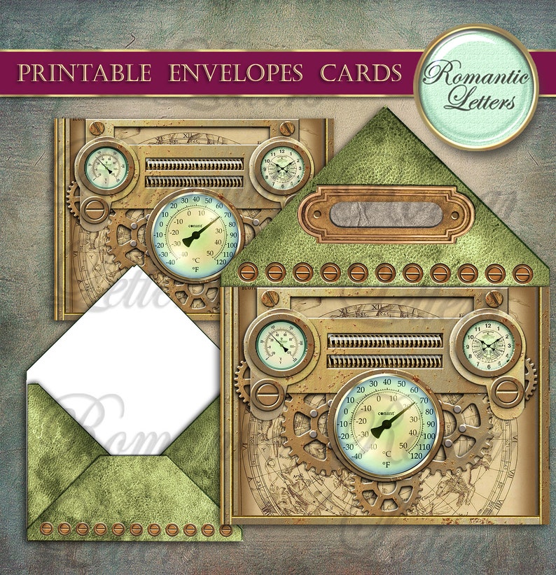 K&ouml;nnte beinhalten: Druckbare Umschl&auml;ge und Karten im Steampunk-Design. Die Karten zeigen einen Kompass, Zahnr&auml;der und Thermometer in einem gr&uuml;n-goldenen Farbschema. Der Text "Romantische Briefe" steht auf der Karte.