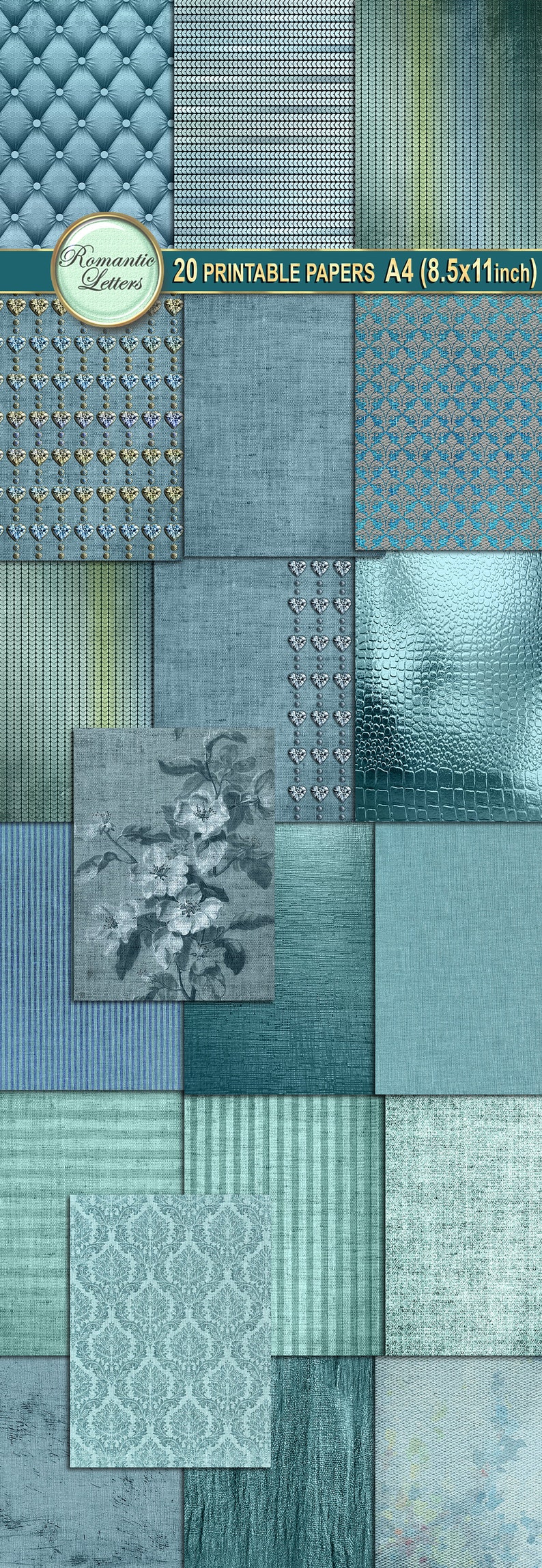 May include: 20 printable digital papers in various blue and green patterns, including floral, geometric, and textured designs. The papers are sized for A4 paper (8.5x11 inches).
