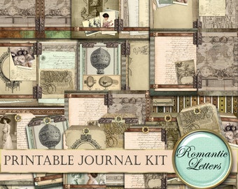 May include: Printable journal kit with vintage style images, including a hot air balloon, maps, and letters. The kit has a brown and green color scheme and includes the text "Romantic Letters".